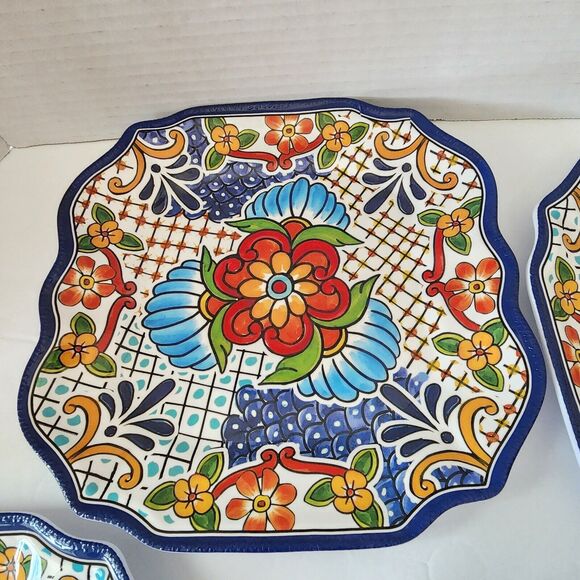 IL Mulino Spanish Tile 4 Salad and 1 Dinner Plates Blue MELAMINE Square Floral - Picture 1 of 11